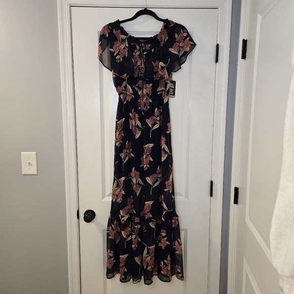Express Shortsleeve Midi Dress Cinched Waist Black With Floral Design Size S NWT - Picture 2 of 15
